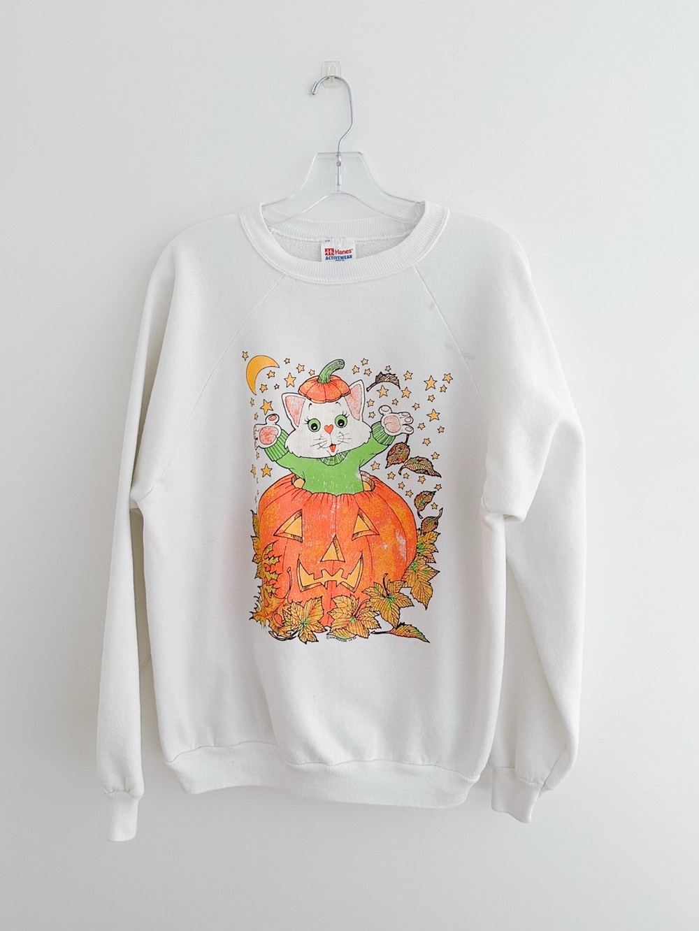 Vintage Hanes Halloween Cat Pumpkin Sweatshirt XL White 80s 90s Kitsch Cat Lover